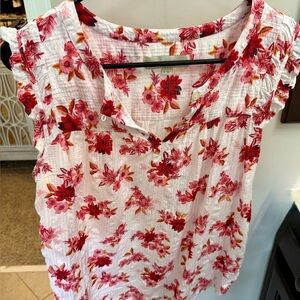 LOFT Floral Red & Pink Cap-Sleeve Women's Top